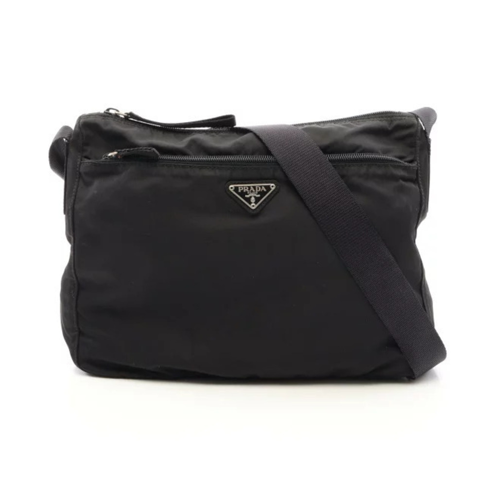 Prada Triangle Plate Shoulder Bag Leather Black